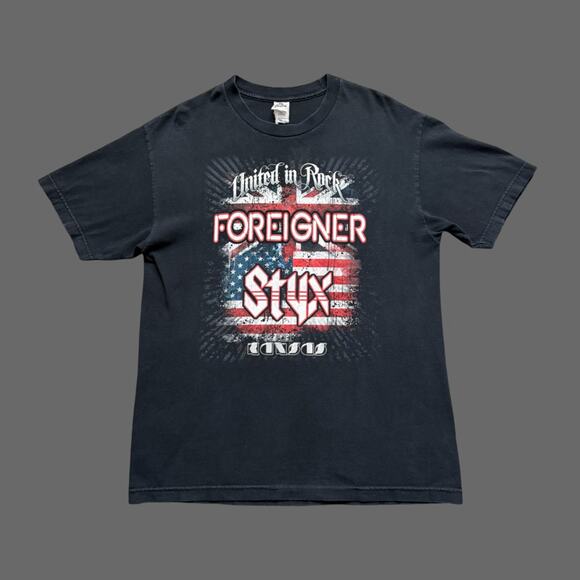 Foreigner x Styx 'United in Rock' 2010 Tour Black SS Graphic Band Tee Size L GUC - Picture 1 of 8